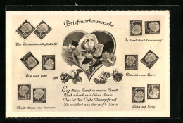 AK Briefmarkensprache Der Liebe, Rosen Im Herz  - Postzegels (afbeeldingen)