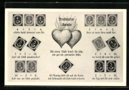 AK Briefmarkensprache, Briefmarken Der Deutschen Bundespost Erklären Die Sprache Mit Verschiedenen Kleberichtungen  - Briefmarken (Abbildungen)