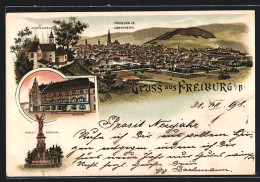 Lithographie Freiburg I. B., Siegesdenkmal, St. Lorettokapelle, Rathaus  - Freiburg I. Br.