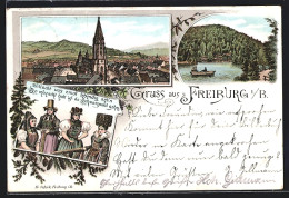 Lithographie Freiburg I. B., Teilansicht Mit Münster, Waldsee, Frauen In Tracht  - Freiburg I. Br.