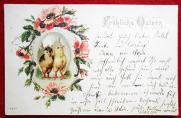 CPA Fantaisie Pionnière 190? Poussins Dans L'oeuf Entourés D'une Guirlande Fleurie. Fröliche Ostern - Easter