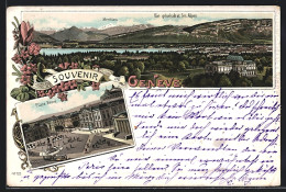 Lithographie Geneve, Vue Generale Et Les Alpes & Montblanc, Place Neuve  - Autres & Non Classés