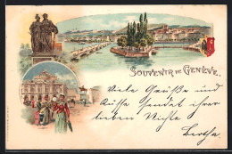 Lithographie Genève, Totalansicht, Kurhotel, Wappen Und Denkmal  - Genève
