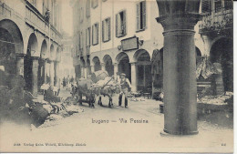 Lugano, Via Pessina, Scatto Animato, Carro Con Buoi, Nero Bianco, Mercato,  Viaggiata 1904 - Lugano