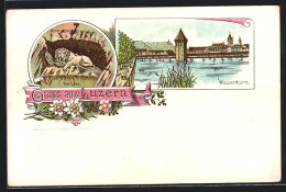 Lithographie Luzern, Wasserturm Und Luzerner Löwe  - Lucerne