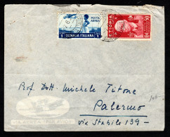 SOMALIA ITALIANA, BUSTA 1937, SASS. PA21 + 3 ETIOPIA, MOGADISCIO X PALERMO - Somalia