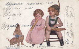 Dackel Teckel Bassotto Dachshund Dog & Children With Zither And Flute Old Postcard 1917 - Hunde