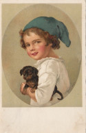 Dackel Teckel Bassotto Boy Holding A Dachshund Dog Puppy Old Postcard 1925 - Dogs