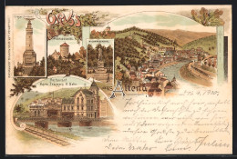 Lithographie Altena, Ortsansicht, Krieger-Denkmal, Schlossberg, Bismarck-Denkmal, Restaurant, Bes. Herm. Trappe, H. So  - Altena