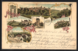 Lithographie Nideggen, Hotel Restaurant V. L. Heinen, Zülpicher Thor, Burg & Ortsansicht  - Zuelpich