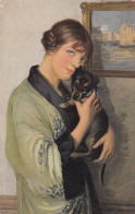 Dackel Teckel Bassotto Woman Holding A Dachshund Dog Puppy Old Postcard Signed Cecile Morgand - Hunde