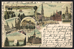 Lithographie Gelsenkirchen, Neumarkt, Postamt, Bahnhofstrasse  - Gelsenkirchen