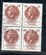 ITALIA REPUBBLICA ITALY REPUBLIC 1968 1976 SIRACUSANA TURRITA STELLE STARS LIRE 100 QUARTINA USATA BLOCK USED OBLITERE' - 1961-70: Oblitérés