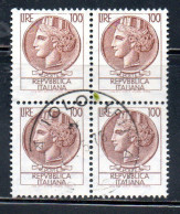 ITALIA REPUBBLICA ITALY REPUBLIC 1968 1976 SIRACUSANA TURRITA STELLE STARS LIRE 100 QUARTINA USATA BLOCK USED OBLITERE' - 1961-70: Afgestempeld