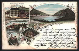 Lithographie Moselkern A. D. Mosel, Hotel Geschw. Heidger, Ruine Pyrmont Mit Wasserfall, Burg Eltz  - Altri & Non Classificati