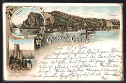 Lithographie St. Goar, Ortsansicht Vom Rhein Aus Gesehen, Ruine Katz Und Loreley  - St. Goar