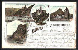 Lithographie St. Goarshausen, Ruine Katz, Burg Reichenberg, Strasse Zur Ruine, Die Lurley  - St. Goar