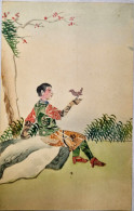 Carte Postale Peinte à La Main : CHINE : Homme Assis Avec Oiseau - Chine