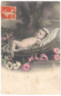 FANTAISIE ENFANTS BEBES BABY: PORTRAIT ENFANT BEBE PANIER OSIER - FLEURS  - CIRCULEE VERS PERPIGNAN - Babies