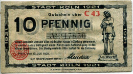 10 PFENNIG 1921 Stadt COLOGNE Rhine DEUTSCHLAND Notgeld Papiergeld Banknote #PL835 - [11] Local Banknote Issues