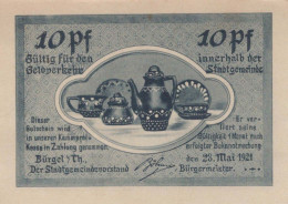 10 PFENNIG 1921 Stadt BÜRGEL Thuringia UNC DEUTSCHLAND Notgeld Banknote #PA333 - [11] Local Banknote Issues