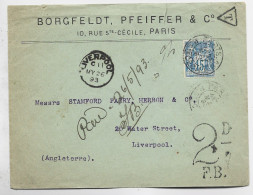 SAGE 15C LETTRE COVER PARIS 48 STE CECILE 1893 POUR LIVERPOOL ENGLAND TAXE 2 D FB - 1877-1920: Période Semi Moderne