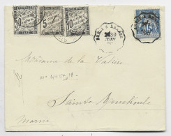 TAXE 5C+10C+30C NOIR SAINTE MENEHOULD 1890 LETTRE SAGE 15C CONVOYEUR DREUX A RENNES 30 JUIN 1890 - 1859-1959 Lettres & Documents