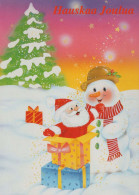 SANTA CLAUS Happy New Year Christmas SNOWMAN Vintage Postcard CPSM #PAU383.GB - Santa Claus