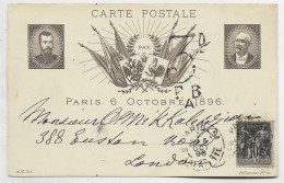 FRANCE SAGE 10C CARTE POSTALE NICOLAS II RUSSIE  LOUBET PRESIDENT PARIS 1896 POUR LONDON TAXE 3D FBA - 1877-1920: Période Semi Moderne