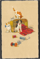 CHATS - Trois Chatons Et Un Chien, Corbeille Nécessaire Couture Renversé - Katzen