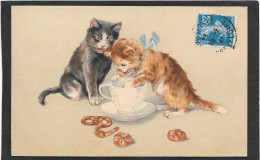 CHATS - Deux Chatons, Tasse, Viennoiseries - Gatos