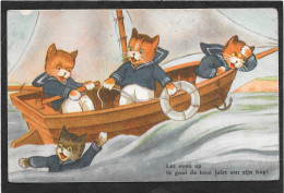 CHATS - Quatre Chats Marins Sur Bateau - Katzen