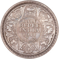 BRITISH INDIA SILVER COIN LOT 210, 1/2 RUPEE 1911, XF, EXTREMELY RARE - India