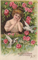 AK Glückwunsch Zum Namenstage - Mädchen Und Rosen - Taube - Reliefdruck - Schmallenberg 1908  (69629) - Sonstige & Ohne Zuordnung