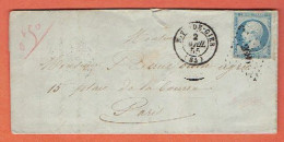 0J - Lettre France Oblitération Gare De Rive De Gier 1855 Sur 14A Vers Paris - Ambulant Lyon-Paris Voir Description - Lüttich