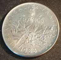 RARE - FRANCE - 5 FRANCS 1988 - Semeuse - O.Roty - Neuve - UNC - Cupronickel - Gad 771 - KM 926a.1 - ( 95 576 Ex. ) - 5 Francs