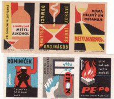 Czech Republic, 6 Matchbox Labels, Cleaning Stuff, Metylalkohol - Strongly Poisonous, Pe-Po - Solid Lighter - Zündholzschachteletiketten