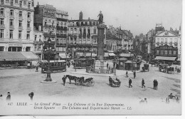 59 -  Lille - La Grand'Place La Colonne Et La Rue Esquermoise  LL ** CPA Vierge Et Animée Tram + Attelage ** - Lille