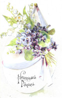 BELLE CARTE POSTALE GAUFFRÉE -Heureuse Pâques.Oeuf Géant Et Bouquet De Violettes (1908) - Ostern