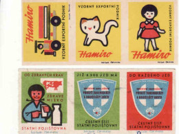 Czech Republic, 6 Matchbox Labels, Hamiro - Toy Export Company - Truck, Cat, Doll, Cow, Milk - Matchbox Labels