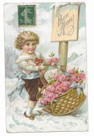 CPA Circulée En 1908? - Bonne Année - Illustration D'un Enfant Portant Un Panier De Roses - Carte Gaufrée - - New Year