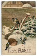 CPA Gaufrée * BONNE ANNÉE * Oiseaux Mésanges Dans La Neige Avec Du Houx - Neujahr