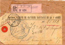 1917.RARE ETIQUETTE COLIS RECOMMANDE."RESERVE MATERIEL SANITAIRE...TRESOR ET POSTES N°28. - Oorlog 1914-18