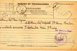 1916. TELEGRAMME. "SALLES MILITAIRES HOSPICE D'HYERES". (ALPES MARITIMES) - 1. Weltkrieg 1914-1918