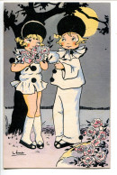 CP Ecrite * Illustrateur Léna * Pierrot Et Colombine Au Clair De Lune Enfants Bouquet Fleurs - Other & Unclassified