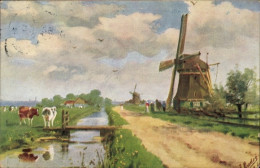 Artiste CPA Windmühle, Dorfstraße, Fluss, Kühe, Wiese - Windmills
