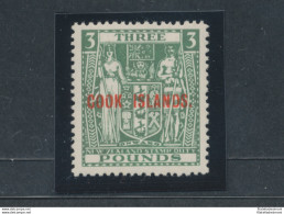 1936-44 COOK ISLANDS, Stanley Gibbons N. 123b- 3 £ GREEN - Francobollo Di New Zealand Soprastampato Cook Islands. - MNH - Altri & Non Classificati