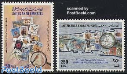 United Arab Emirates 1997 Philatelic Association 2v, Mint NH, Nature - Birds - Philately - Stamps On Stamps - Kingfish.. - Postzegels Op Postzegels