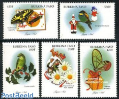 Burkina Faso 1998 Christmas 5v, Mint NH, Nature - Religion - Birds - Butterflies - Flowers & Plants - Christmas - Navidad