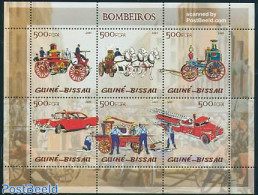 Guinea Bissau 2005 Fire Brigade 6v M/s, Mint NH, Nature - Transport - Horses - Automobiles - Fire Fighters & Prevention - Cars